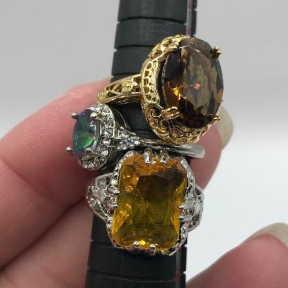 Set of 3 Silver & Gold-Tone with Faceted Gems Rings - Picture 10 of 12